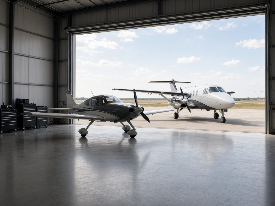 Piston and turboprop aircraft inside a hangar