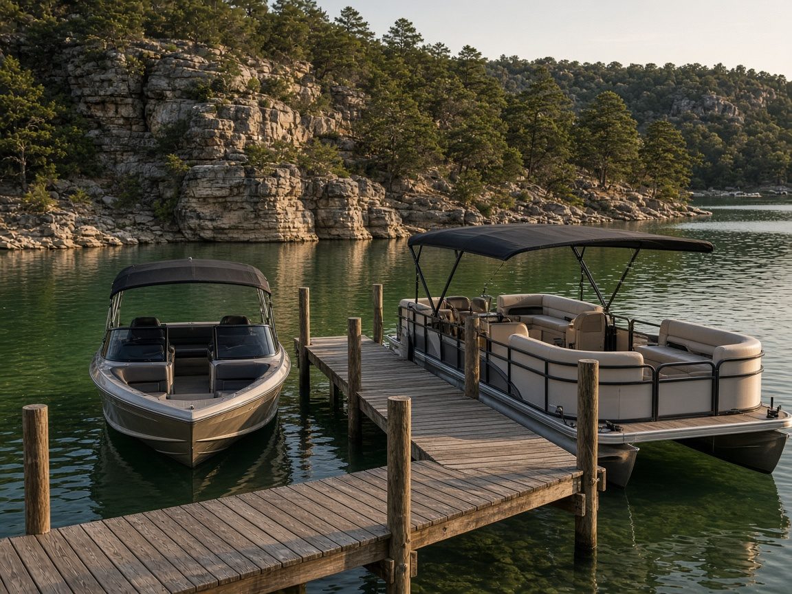 Wake boat and pontoon boat at a Hill Country lake dock